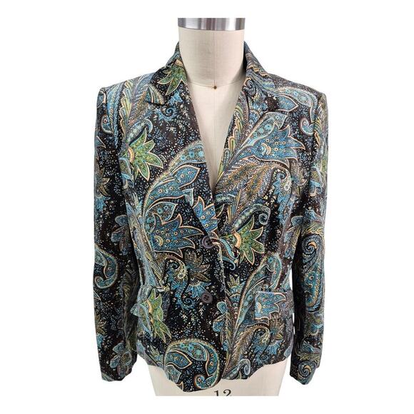 Tribal Brand Stretch Velvet Paisley Boho Jacket Blazer NWOT 14 Brown/Turquoise - Picture 1 of 5